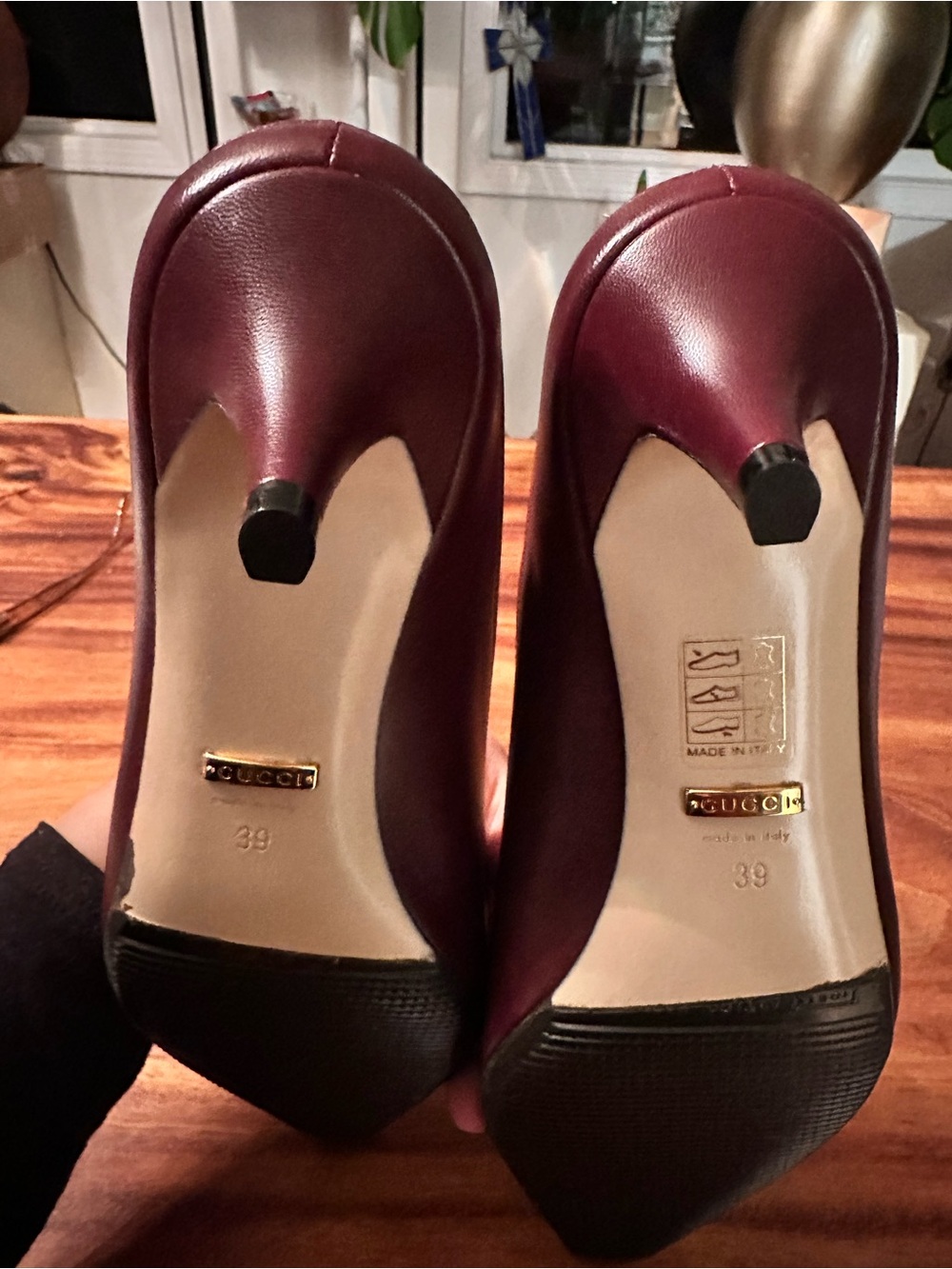 Gucci Burgundy Leather Kitten Heel Mules with Gold Hardware - Picture 3 of 9